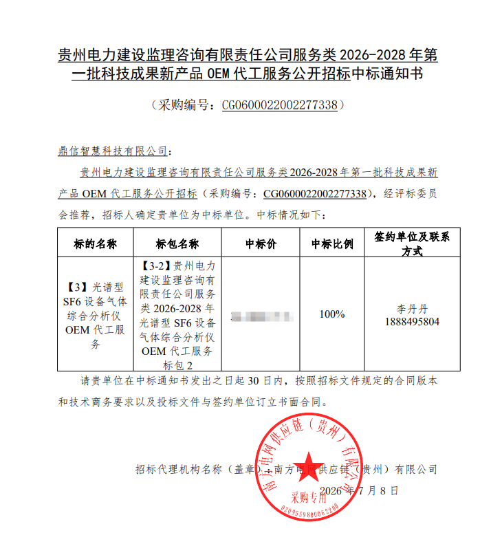 ?2026年07月08日 成功中標為貴州電力建設監理咨詢有限責任公司采購項目  光譜型 SF6 設備氣體綜合分析儀 、OEM 代工服務